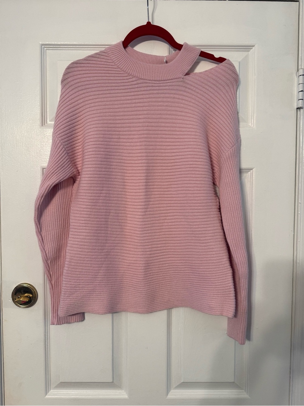 Soft Ribbed Pink Cutout Shoulder Turtleneck Sweater